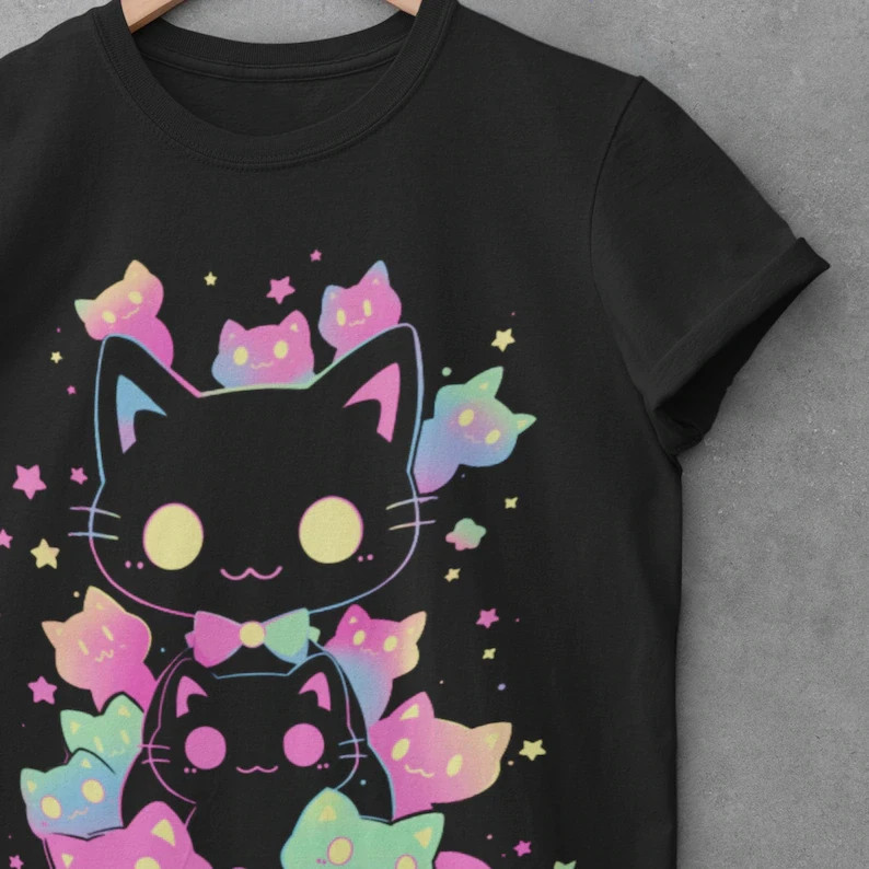 Unisex Oversized T-shirt, Pastel Goth Neon Cat Anime Tee | Harajuku Streetwear,