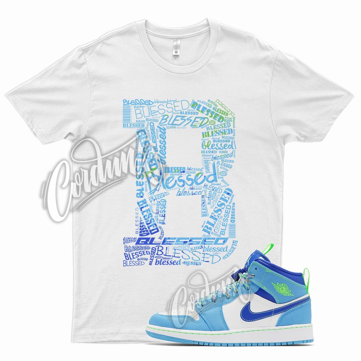 White BLESSED T Shirt for Air J1 1 Mid SE Dark Powder Blue Green Racer
