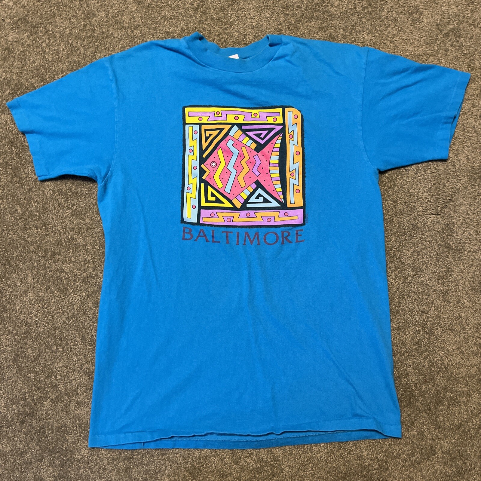 Men’s Large Baltimore City Graphic Fish Aquarium T Shirt Blue Vintage 90’s