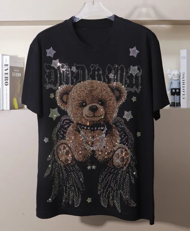 New Men Fashion Diamond Bear Rhinestones Luxury Black White T-Shirt High Quality