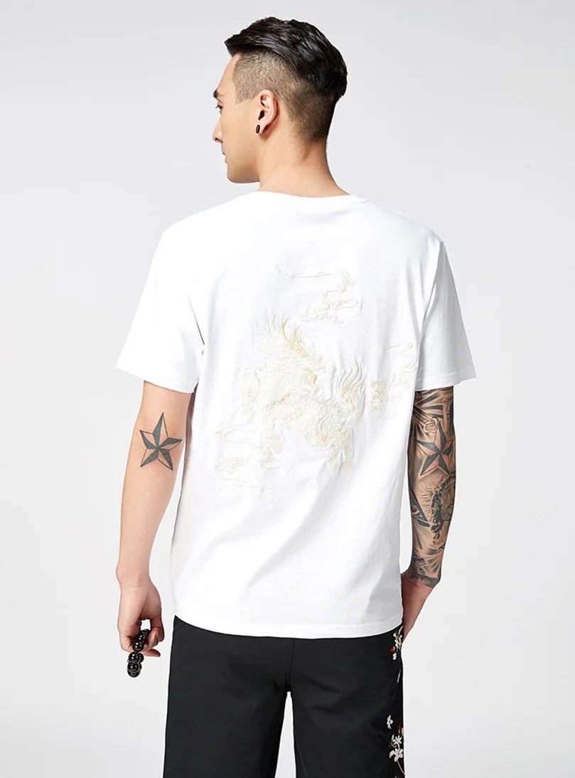 Men Embroidered Mythical Beast T-Shirt Sukajan Cotton Short Sleeve Hip Hop Tee