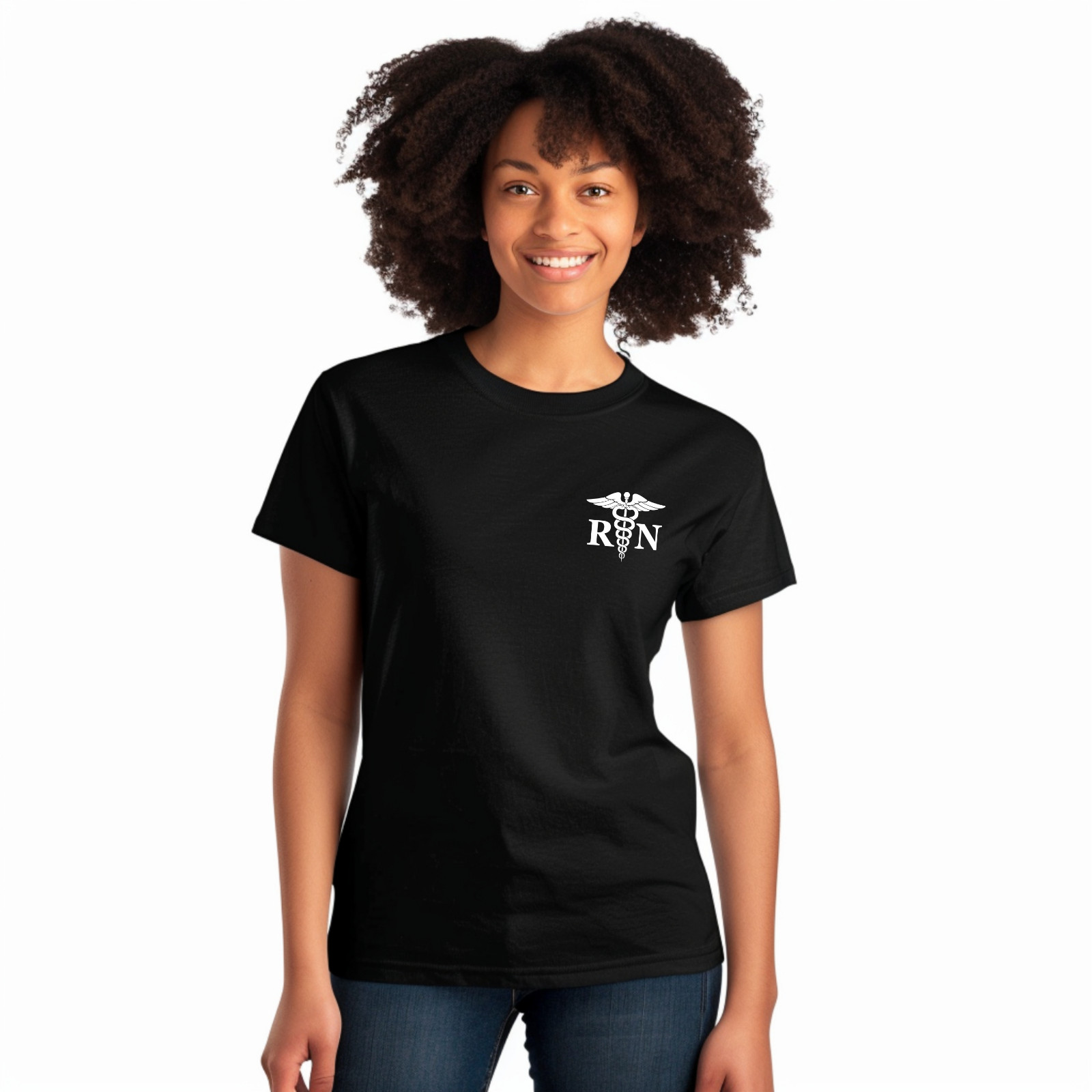 Men’s & Women’s Registered Nurse T-shirt, Left Front, RN Medical Caduceus Staff