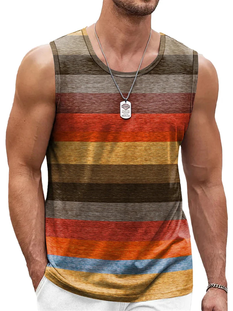 Men Retro Striped Tank Top Sleeveless 3D Print Loose Quick Dry Summer Vest