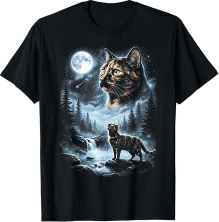 Tortoiseshell Cat Howling at Moon 90’s Retro T-Shirt