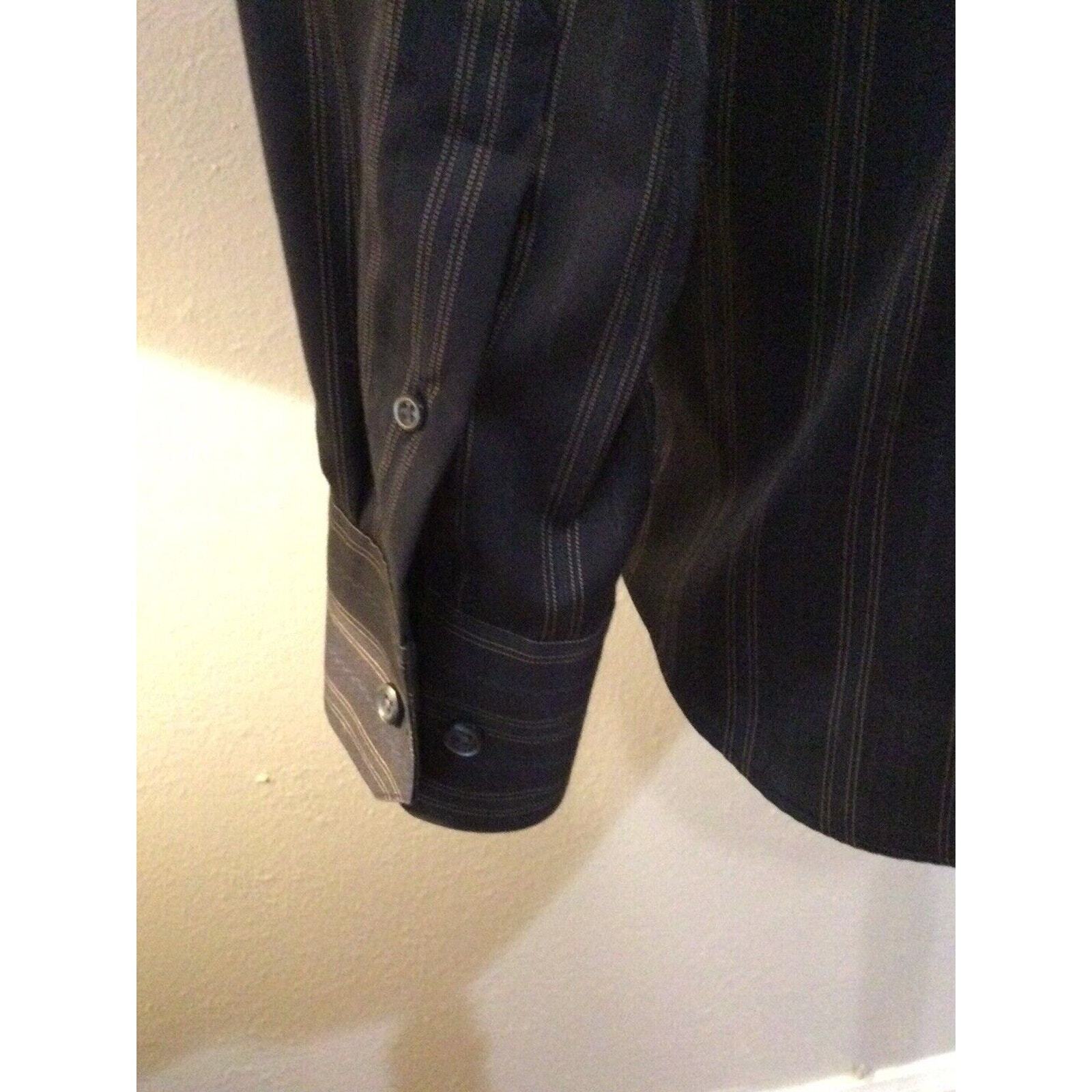 Pronto-Uomo Non Iron Blk Stripe L/S w/Pocket Button Down Dress Shirt Size Large