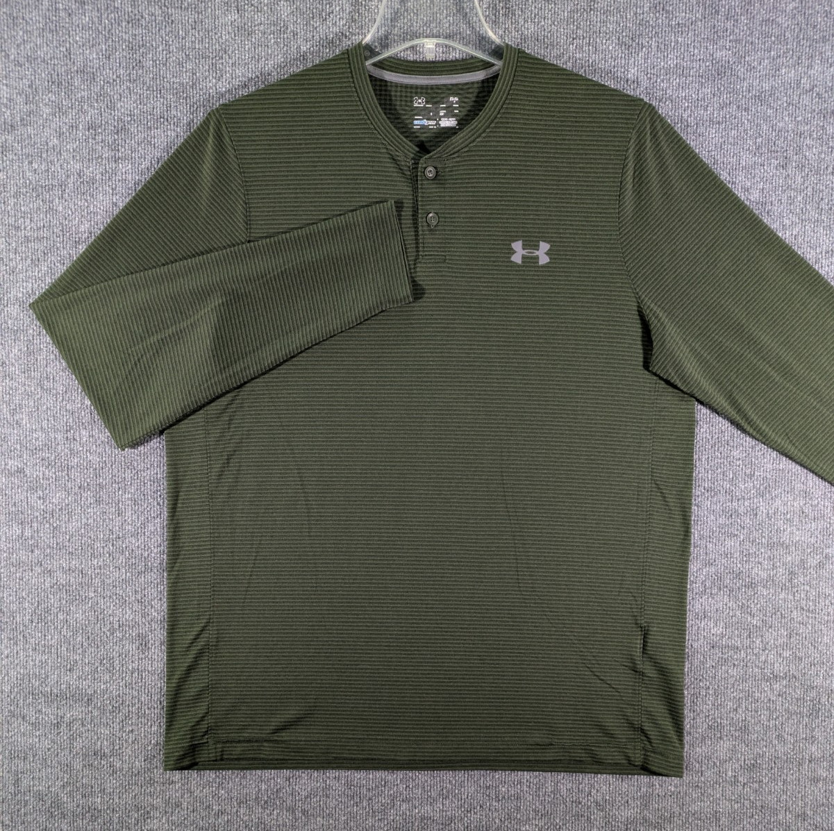 Under Armour ColdGear Henley Shirt Mens Large Green Striped Long Sleeve Crew