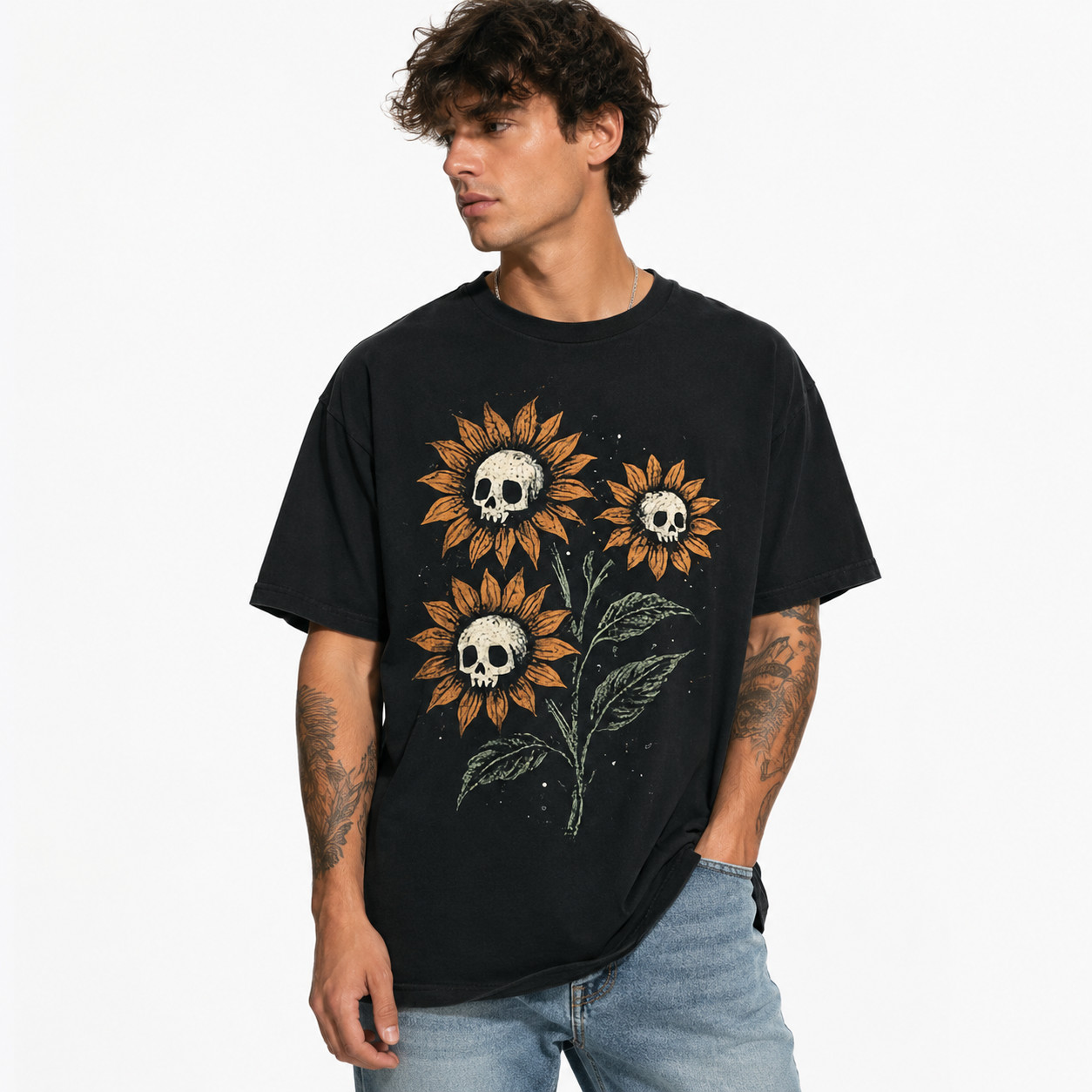 Skull Sunflower Gothic Grunge Y2K Graphic T-Shirt Creepy Cute Goth Alt Aesthetic