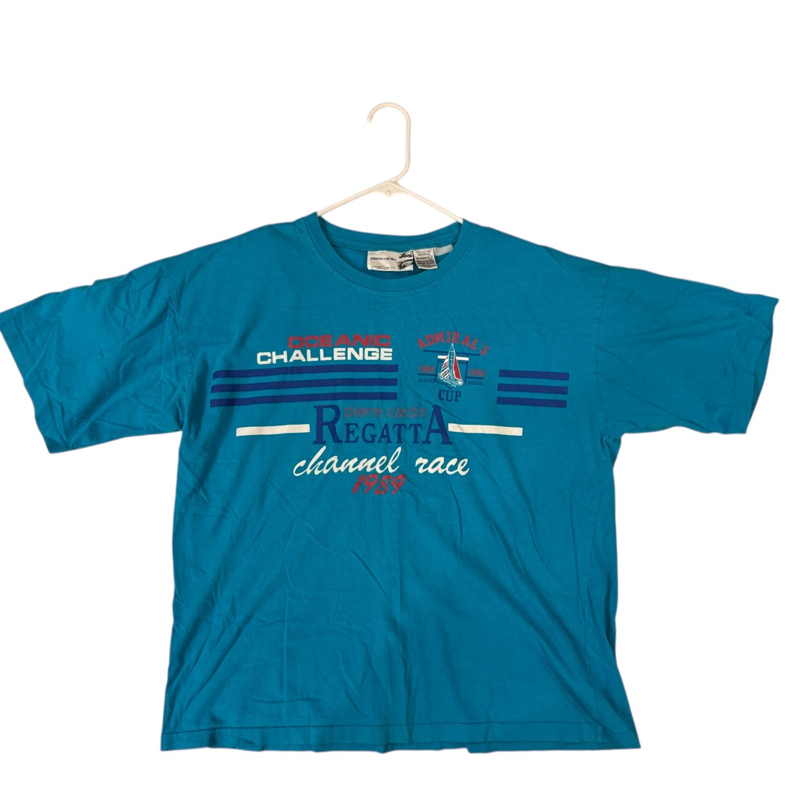 Vintage 1989 Pierre Cardin Regatta Graphic Race Blue T-Shirt Men’s L Made in USA