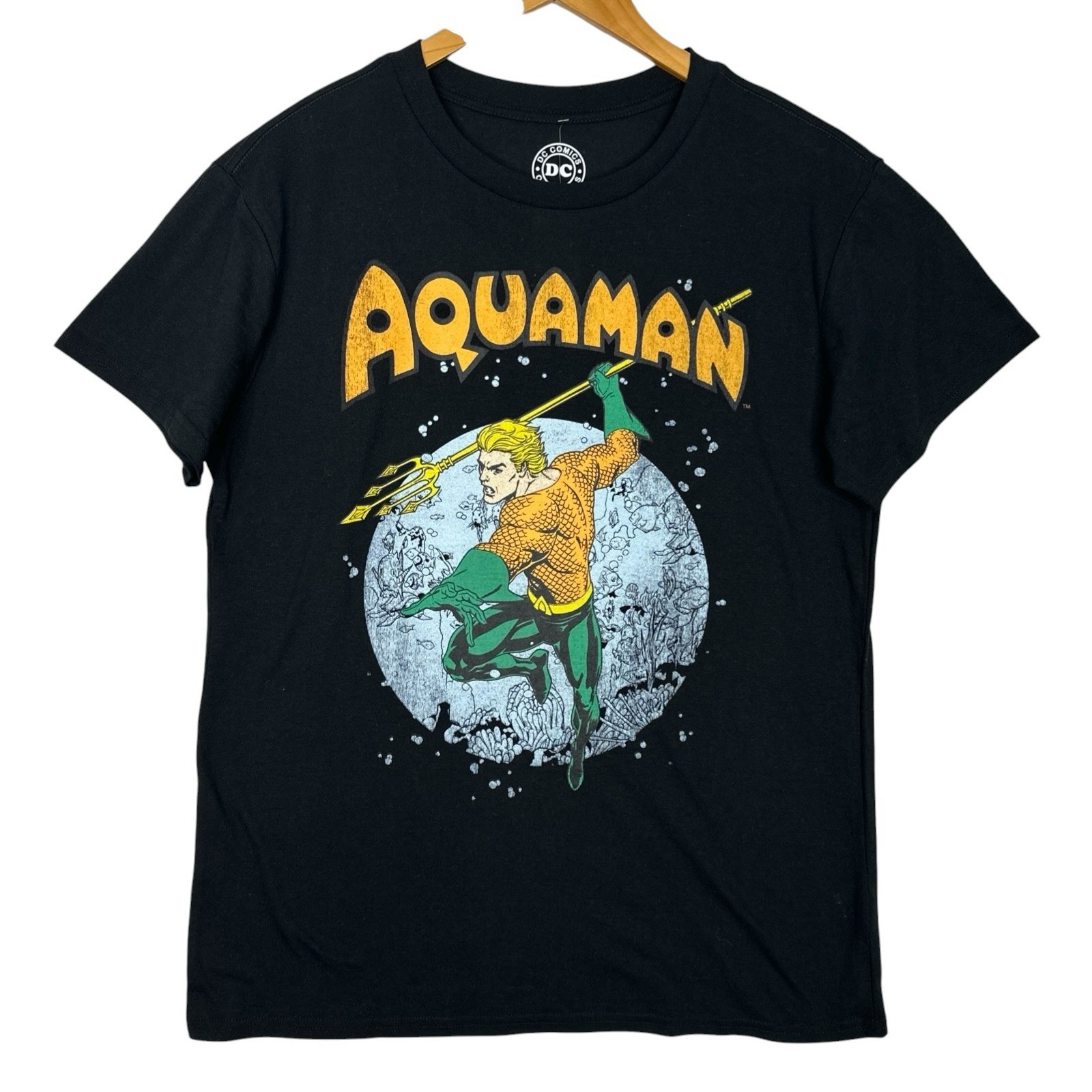 DC Comics Aquaman Graphic T Shirt Mens Large Black Superhero Comic Tee NWT