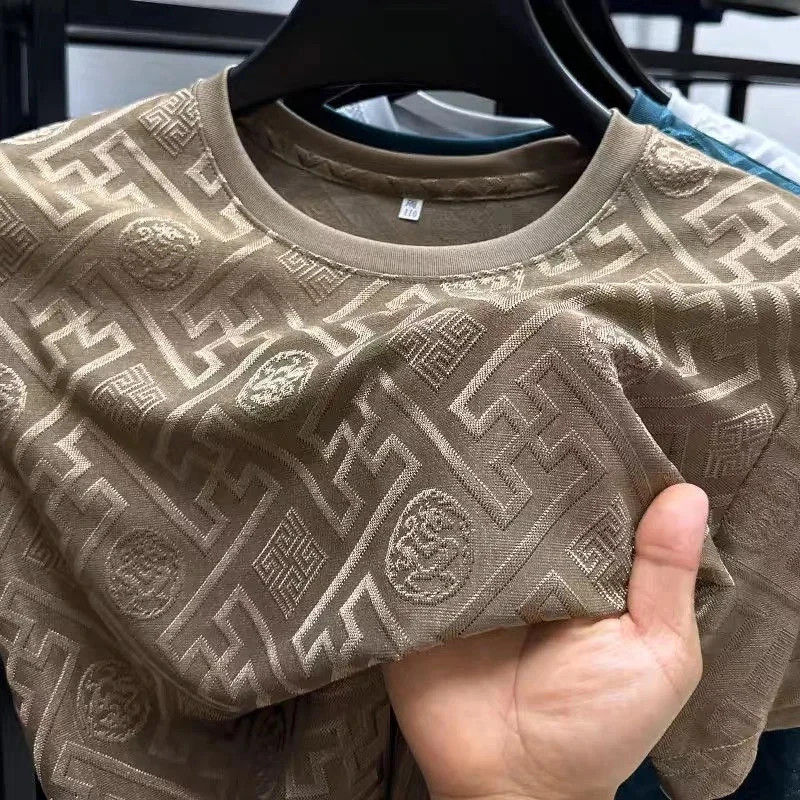New Men’s Jacquard T-Shirt Casual Short Sleeve Round Neck Breathable Fashion TOP