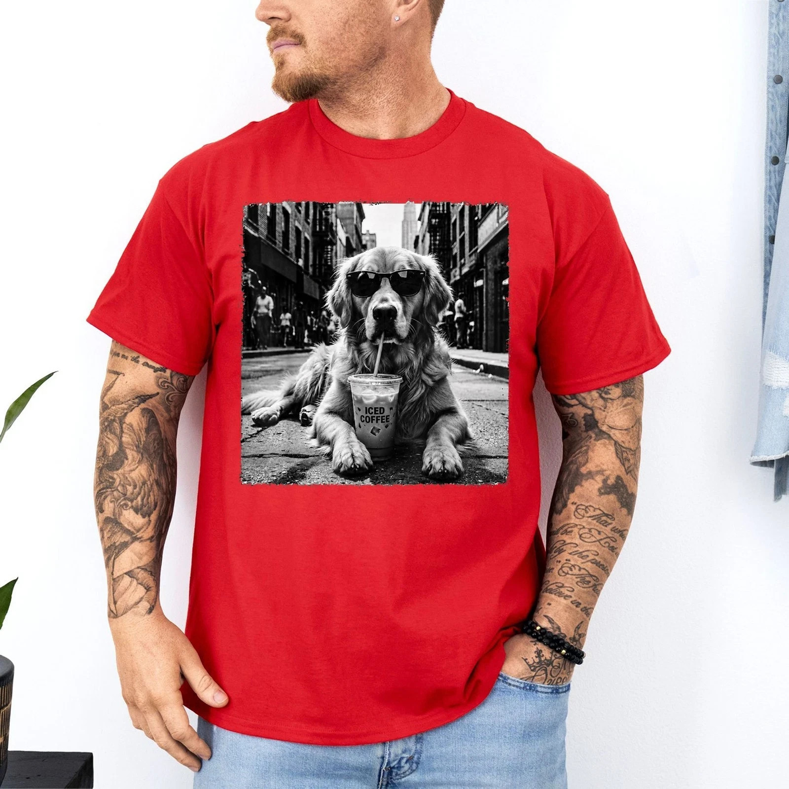 Golden Retriever Drinking Iced Milk Coffee Dog Lover Art Humor Unisex T-Shirt