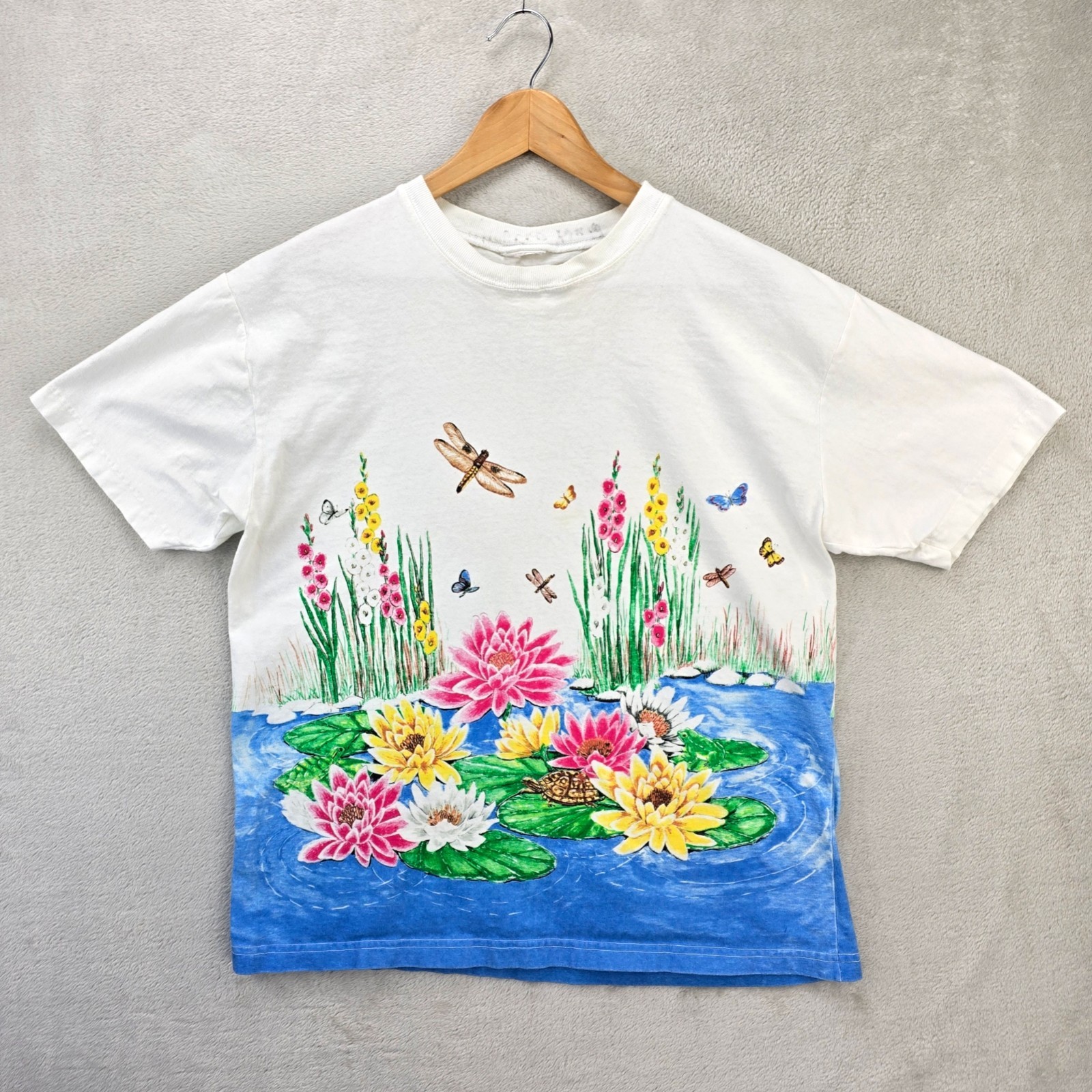 Vintage 90s Lake Nature Flower Dragonfly Wrap Around Shirt Large White Butterfly