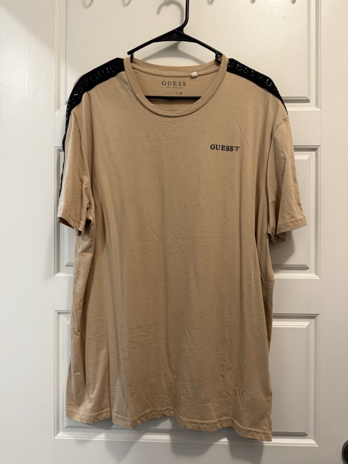 GUESS Men’s 2XL Beige Black Logo Contrasting Trim Short Sleeve Crew Neck T-Shirt