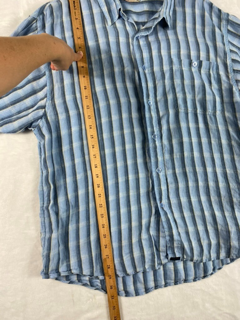 Indigo Palms 100% Irish Linen Shirt Men Sz XL Blue Plaid Short Sleeve Resort