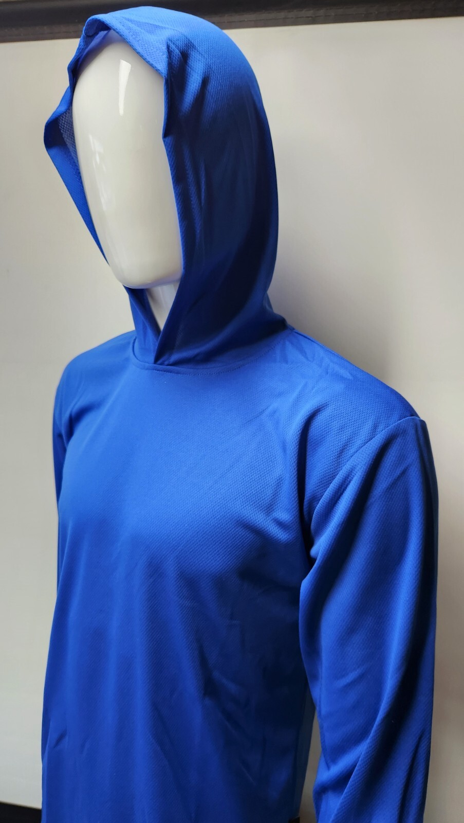 BLUE Long Sleeve Shirt With Hoodie, Polyester birdeye mesh fabric