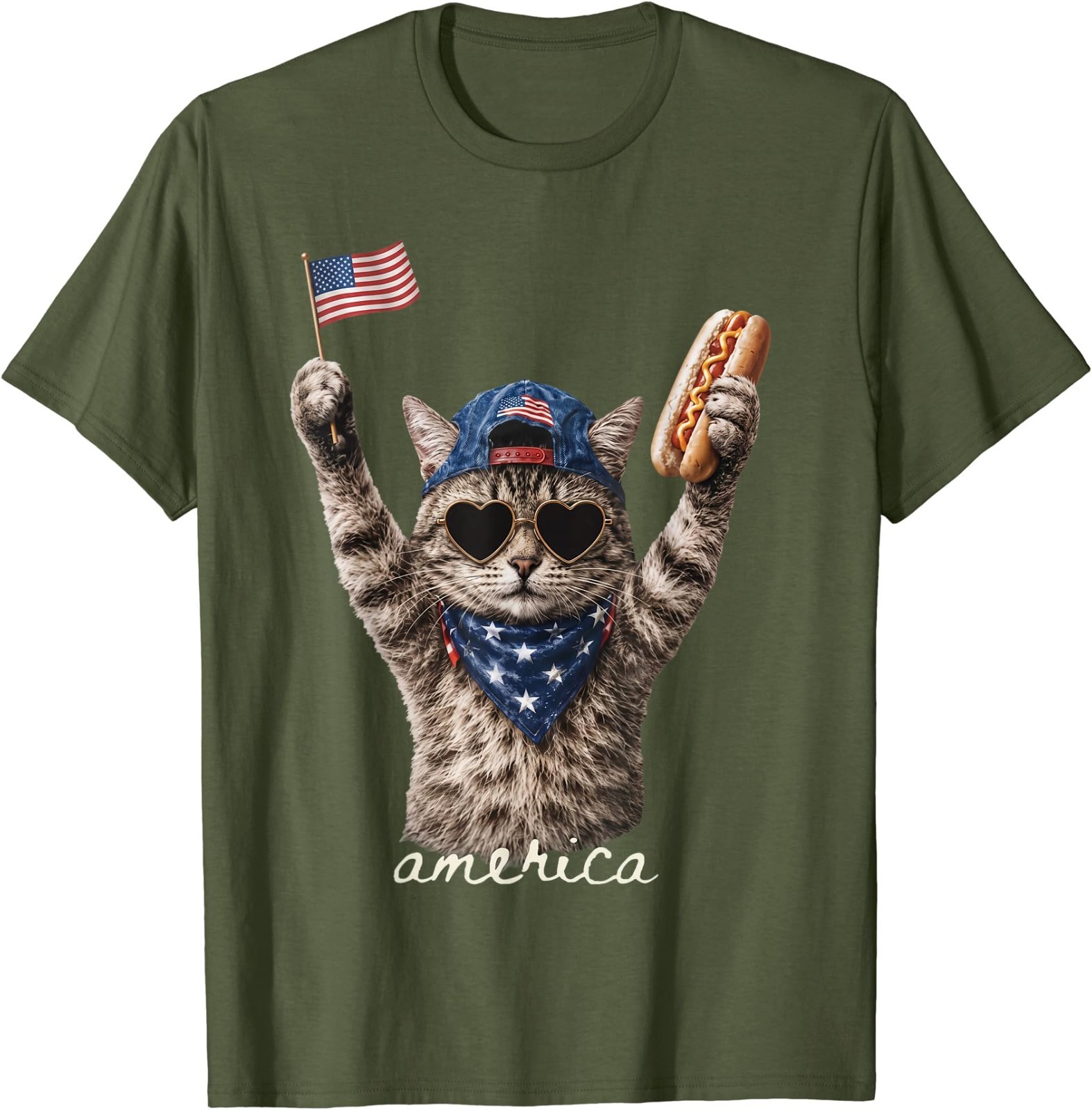 Retro Funny America Cat Hot Dog Lovers Patriotic US Flag T-Shirt
