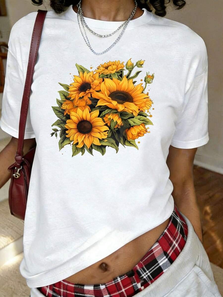 Yellow Sunflowers Print T-Shirt, Short Sleeve Crew Neck Casual Top