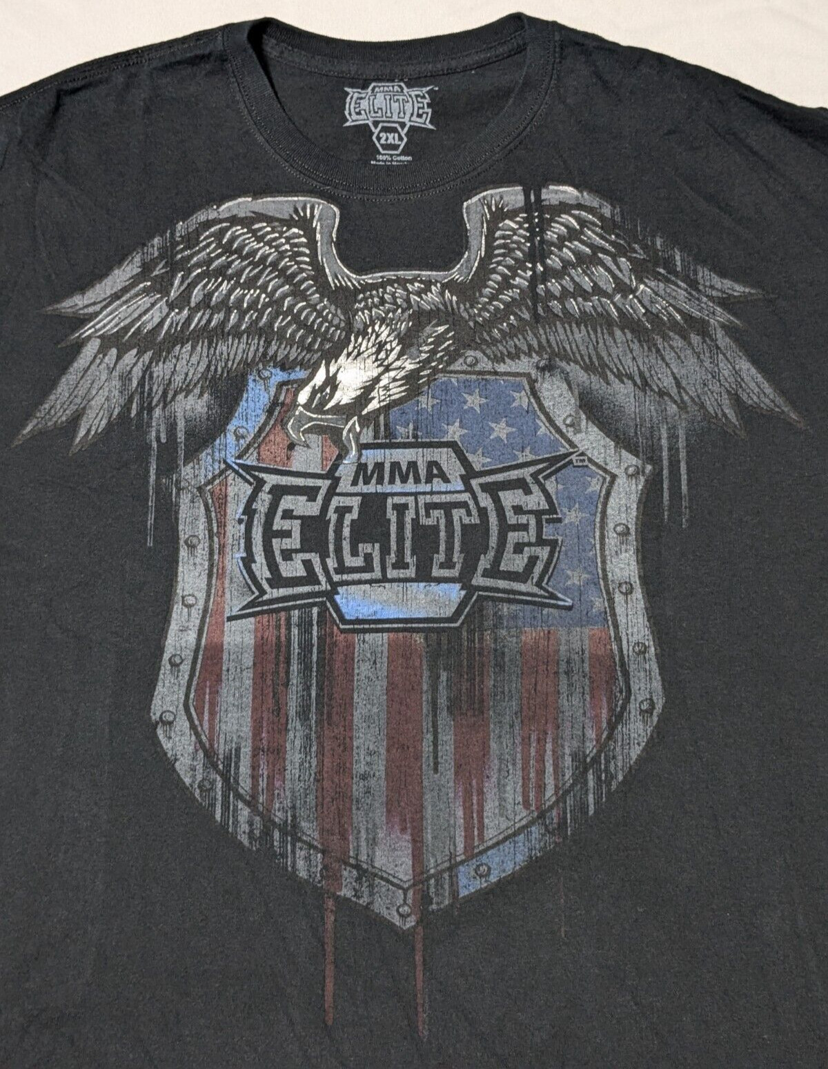 VTG Y2K MMA ELITE USA EAGLE SHIELD Men 2XL Black Cotton Graphic Print T-Shirt