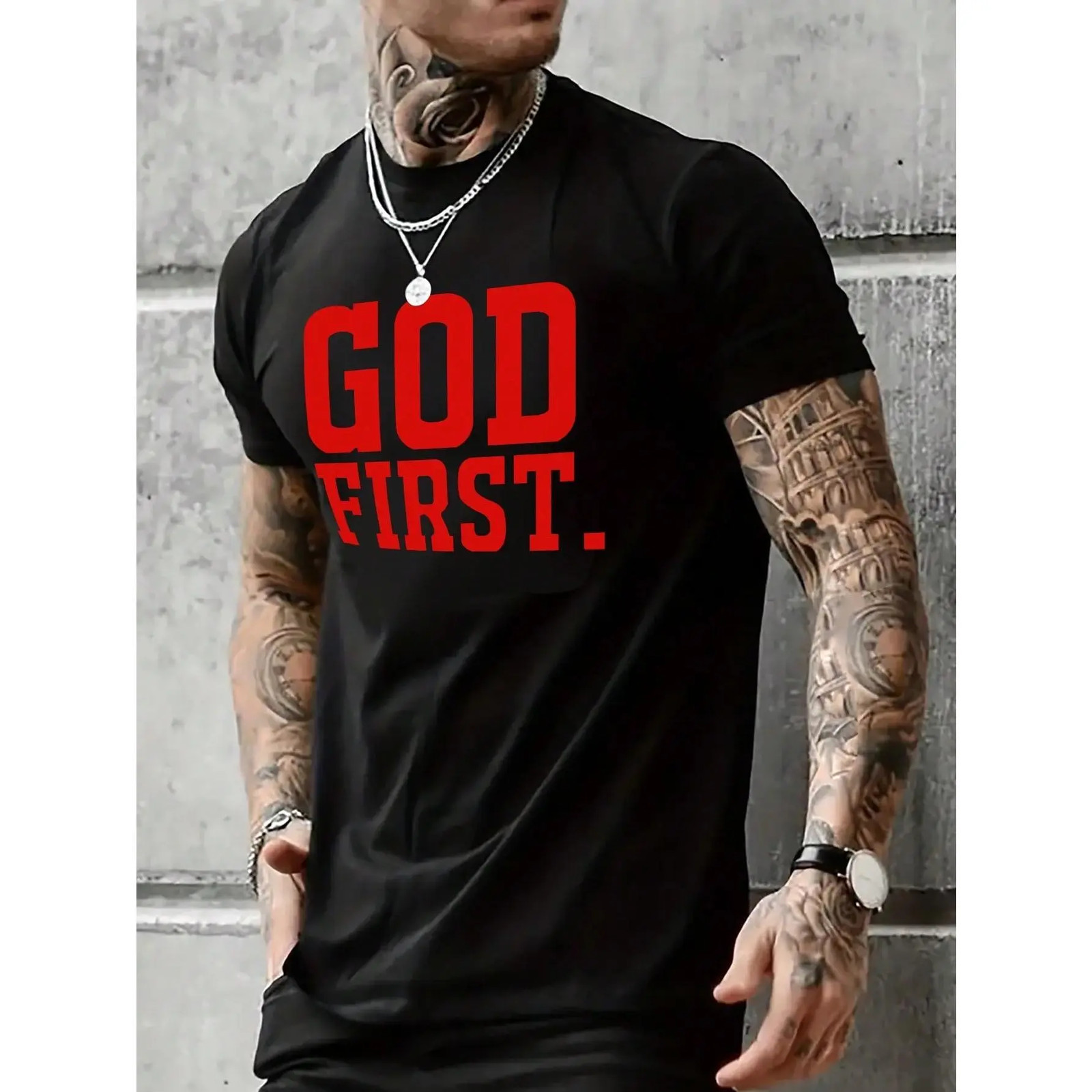 T – shirt featuring bold “GOD FIRST” slogan, for faith – centered fashion
