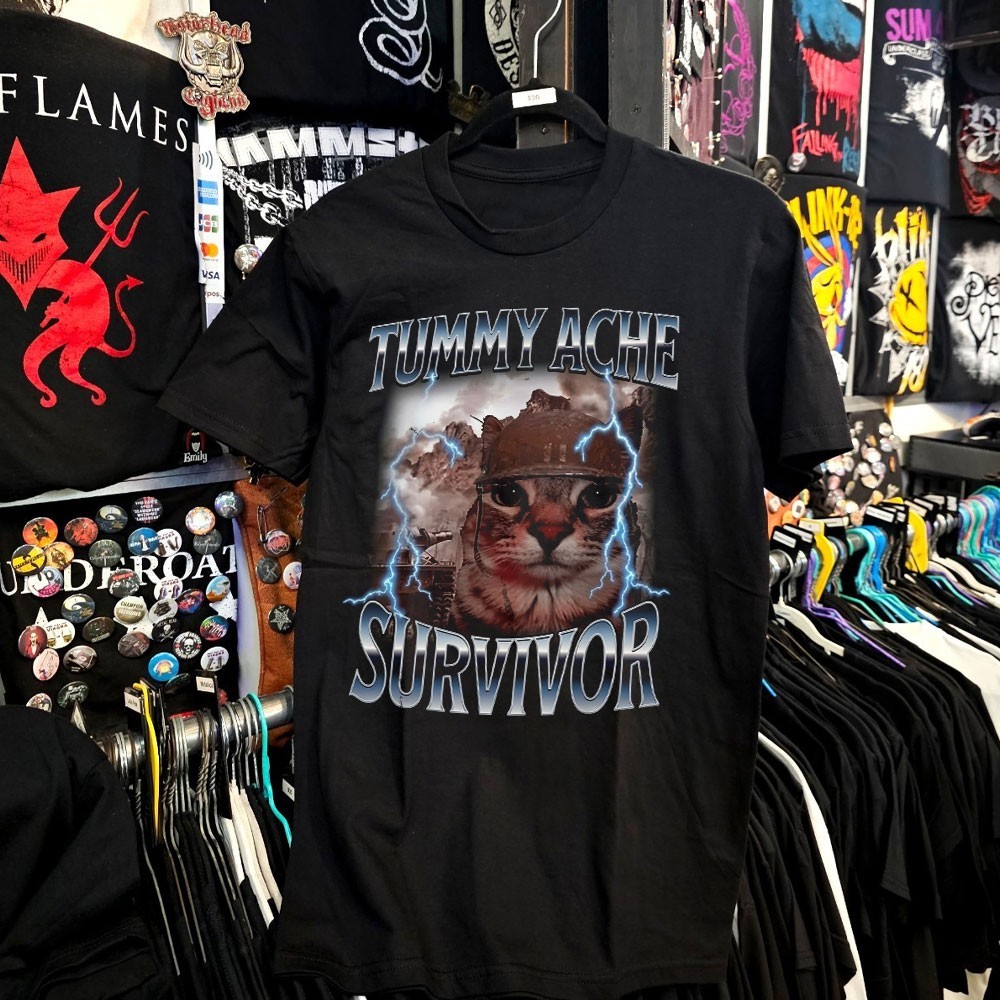 Tummy Ache Survivor T-Shirt Funny Cat Meme Soldier Graphic Vintage Heavy Metal