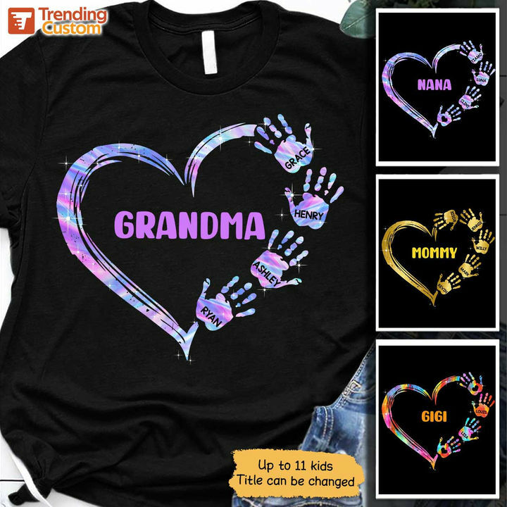 Mom Grandma Colorful Heart Hand Print Personalized Shirt Family Gift