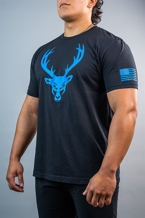 Bucked Up Men’s Flag T Shirt Black Blue Logo Size Large New