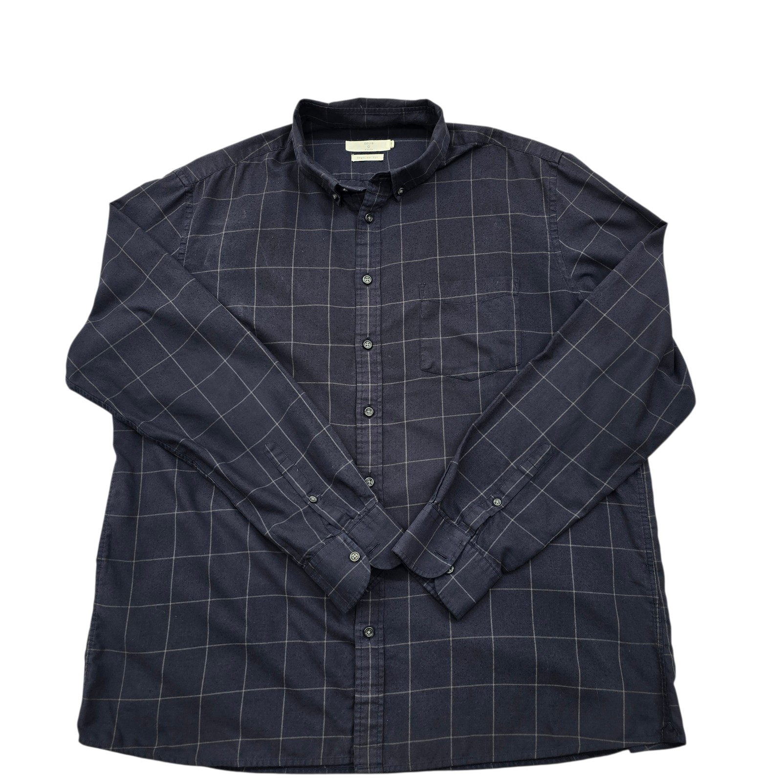 CELIO Men 2XL Navy Plaid Cotton Long Sleeve Button-Up Shirt Pocket