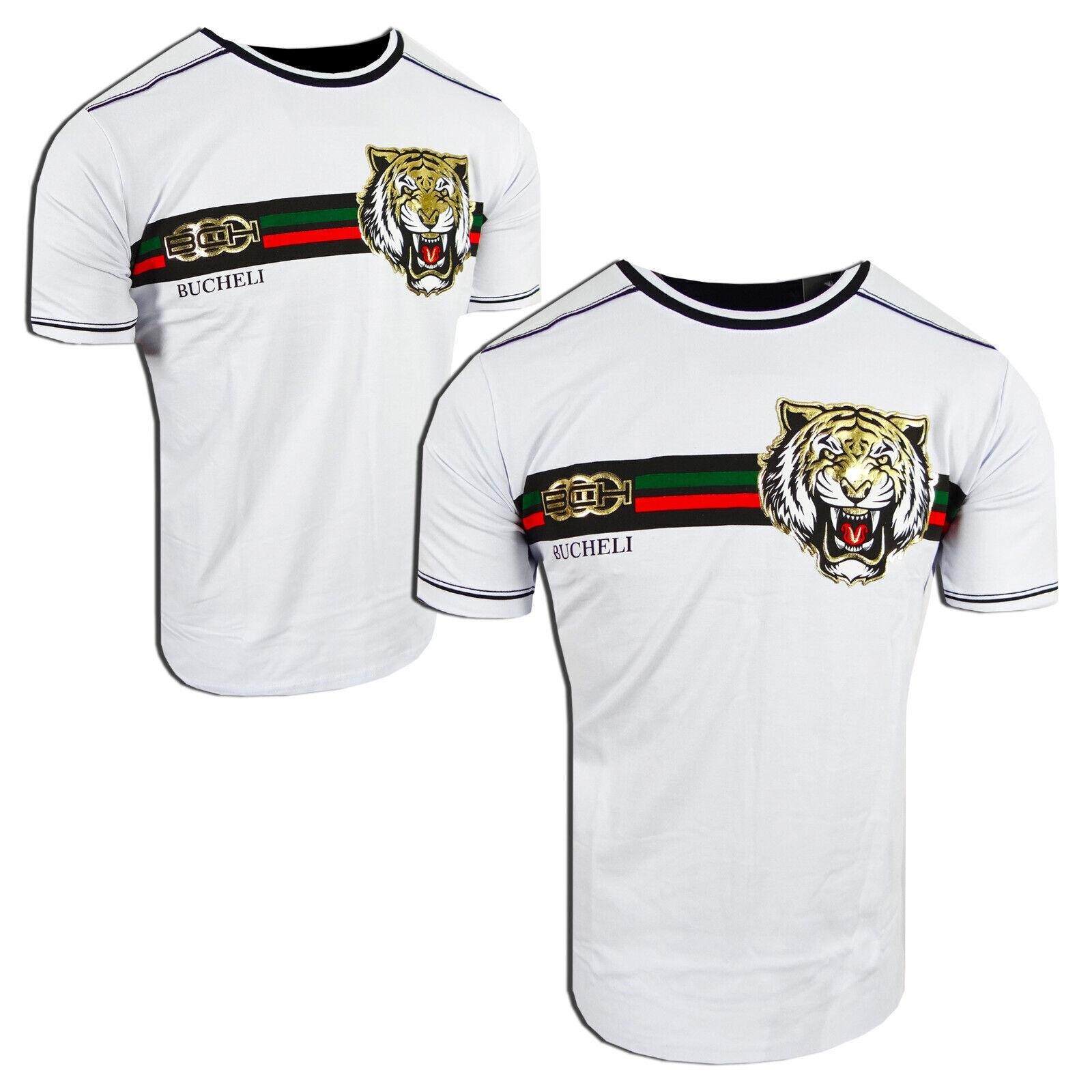 Mens White T-Shirt Designer Bucheli Italian Stripe Gold Tiger Slim Fit Crew Neck