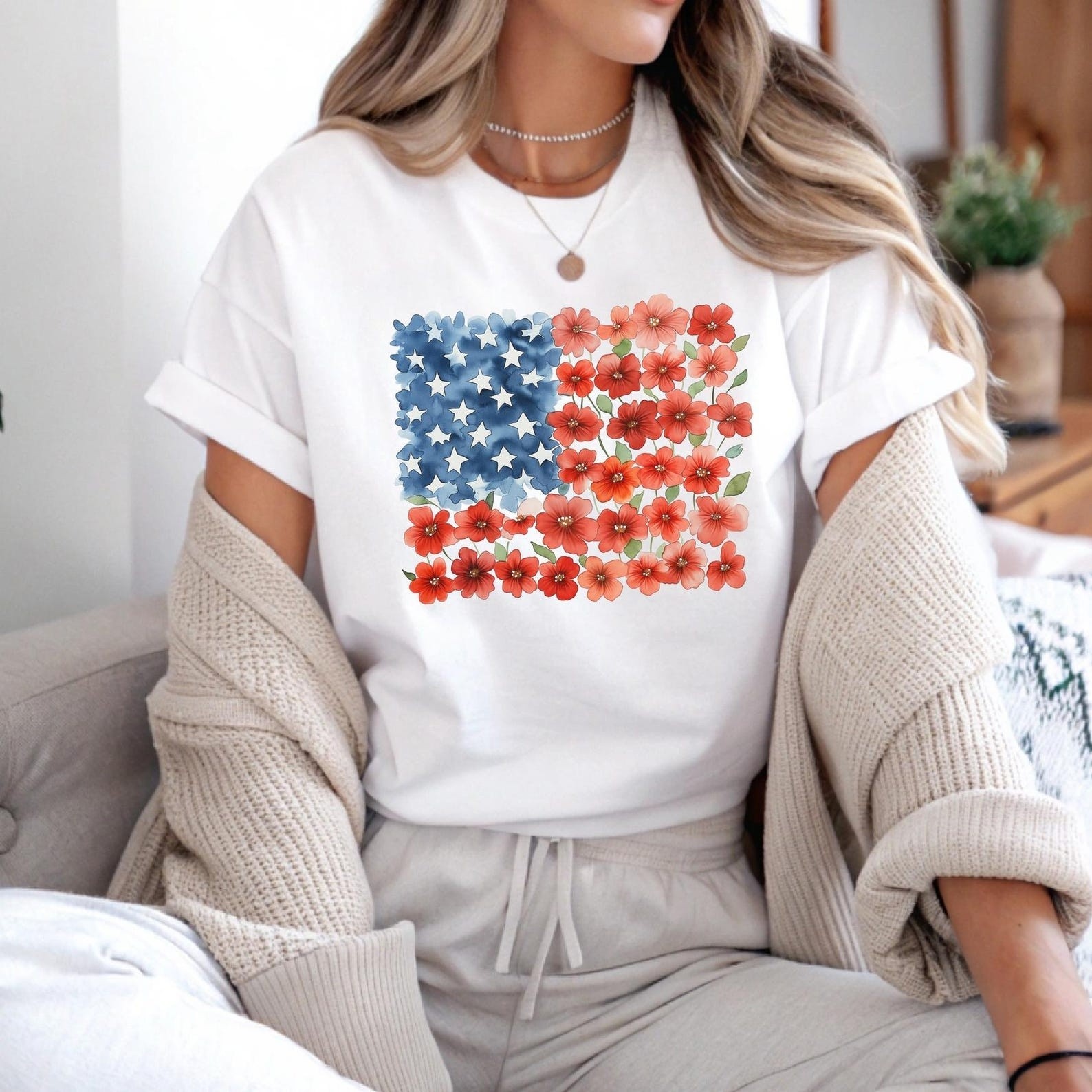 Red Poppy Floral Flag T-Shirt Patriotic Independence Day Shirt