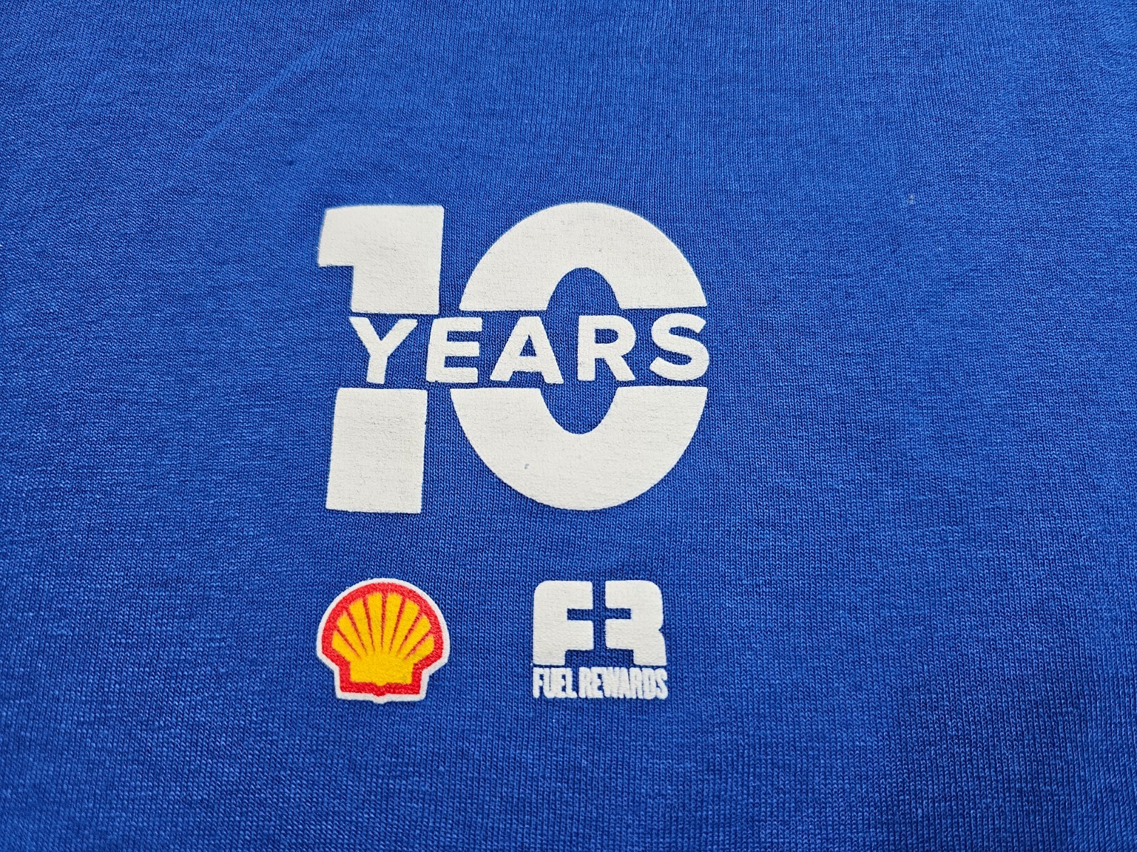 Shell 10 Years FR Fuel Reward Gas Blue Tee Shirt Size L Hot Rod Racing Sponser
