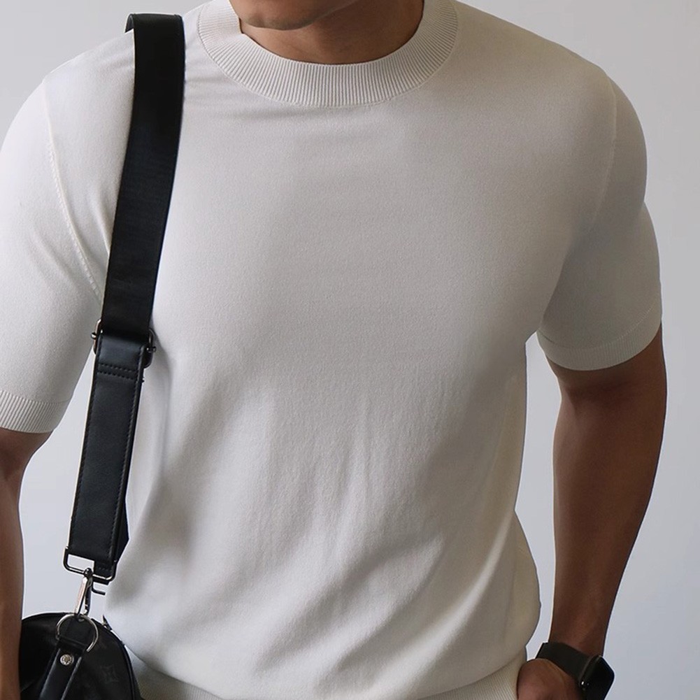 Mens Knitted Half-High Collar Short Sleeve T-Shirt Casual Slim Knit Pullover Top
