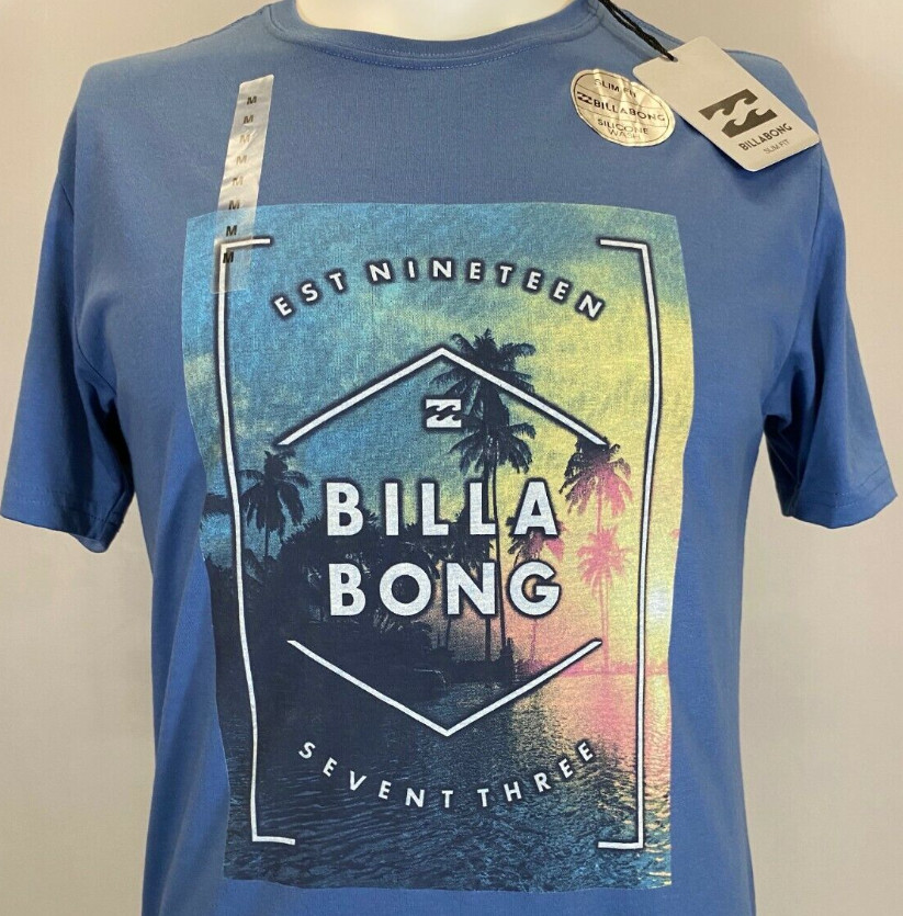 Billabong Mens Shirt Medium Blue Red Green Short Sleeve Slim Sunset Graphic