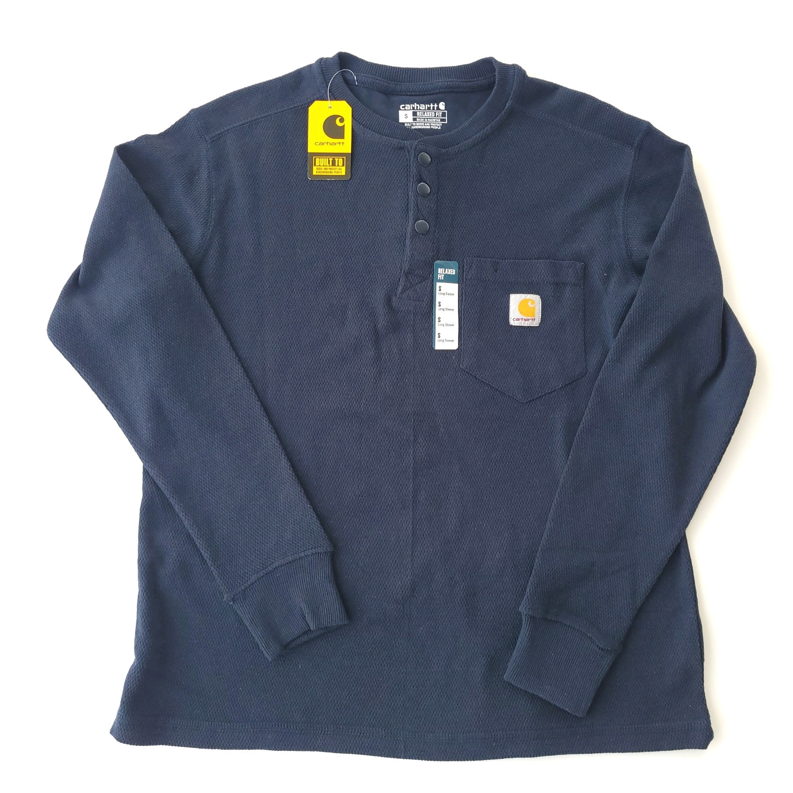 NWT Carhartt SMALL Relaxed Fit Heavyweight L/S Henley Pocket Thermal Shirt Navy