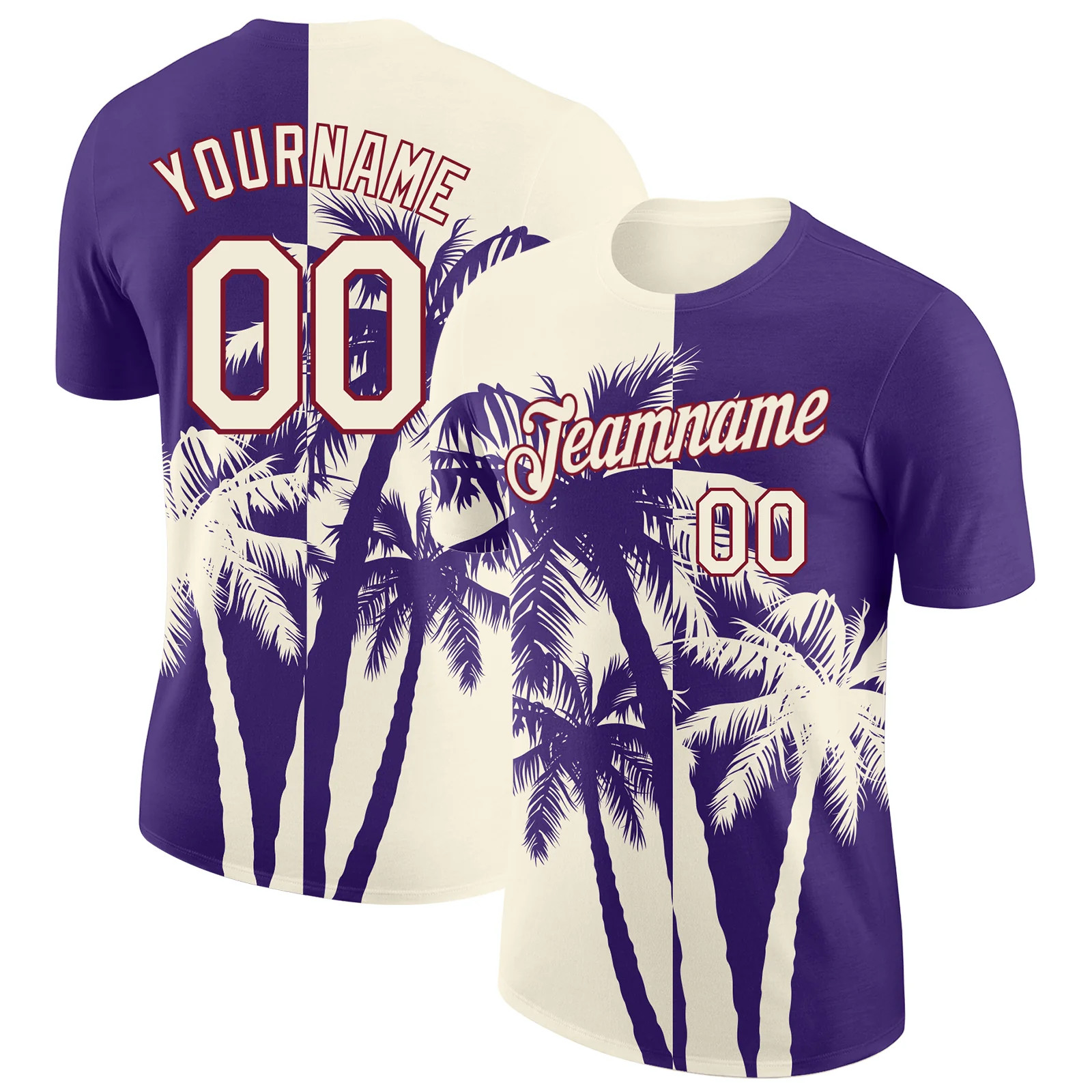 Custom Purple Cream Crimson Hawaii Palm Tree T-Shirt Tropical Summer Mens
