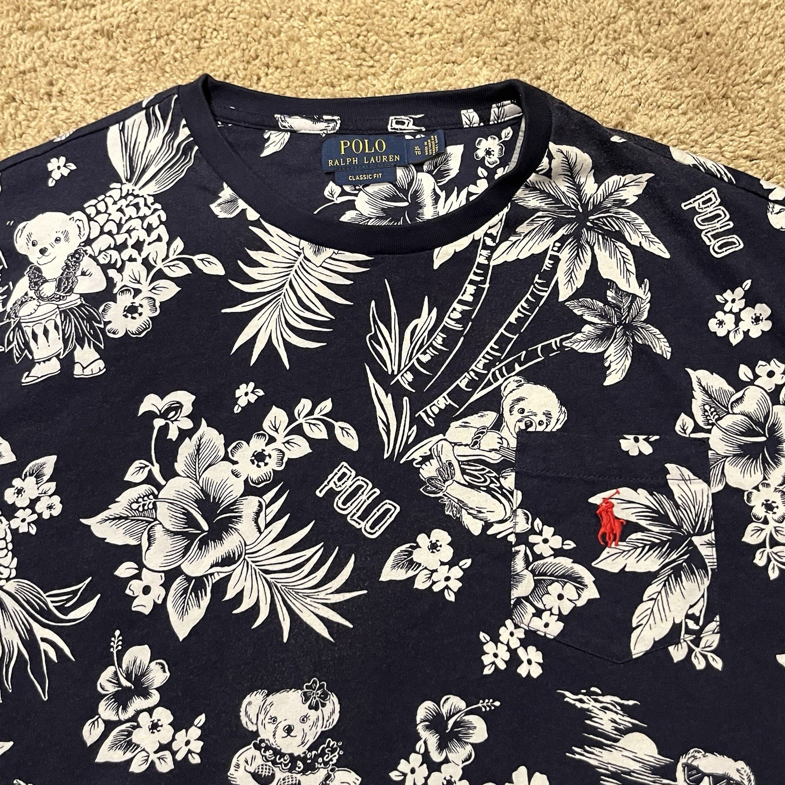 Polo Ralph Lauren T-Shirt Mens Size XL Navy Blue Hawaiian Polo Bear Tee