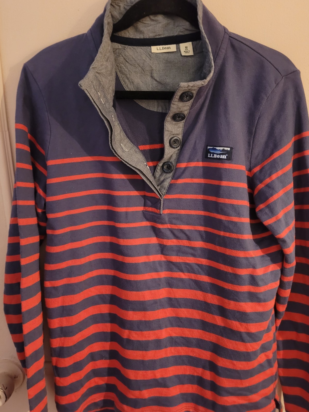 L.L.Bean womens M Regular Henley Long Sleeve Striped T-Shirt Blue Red Gray