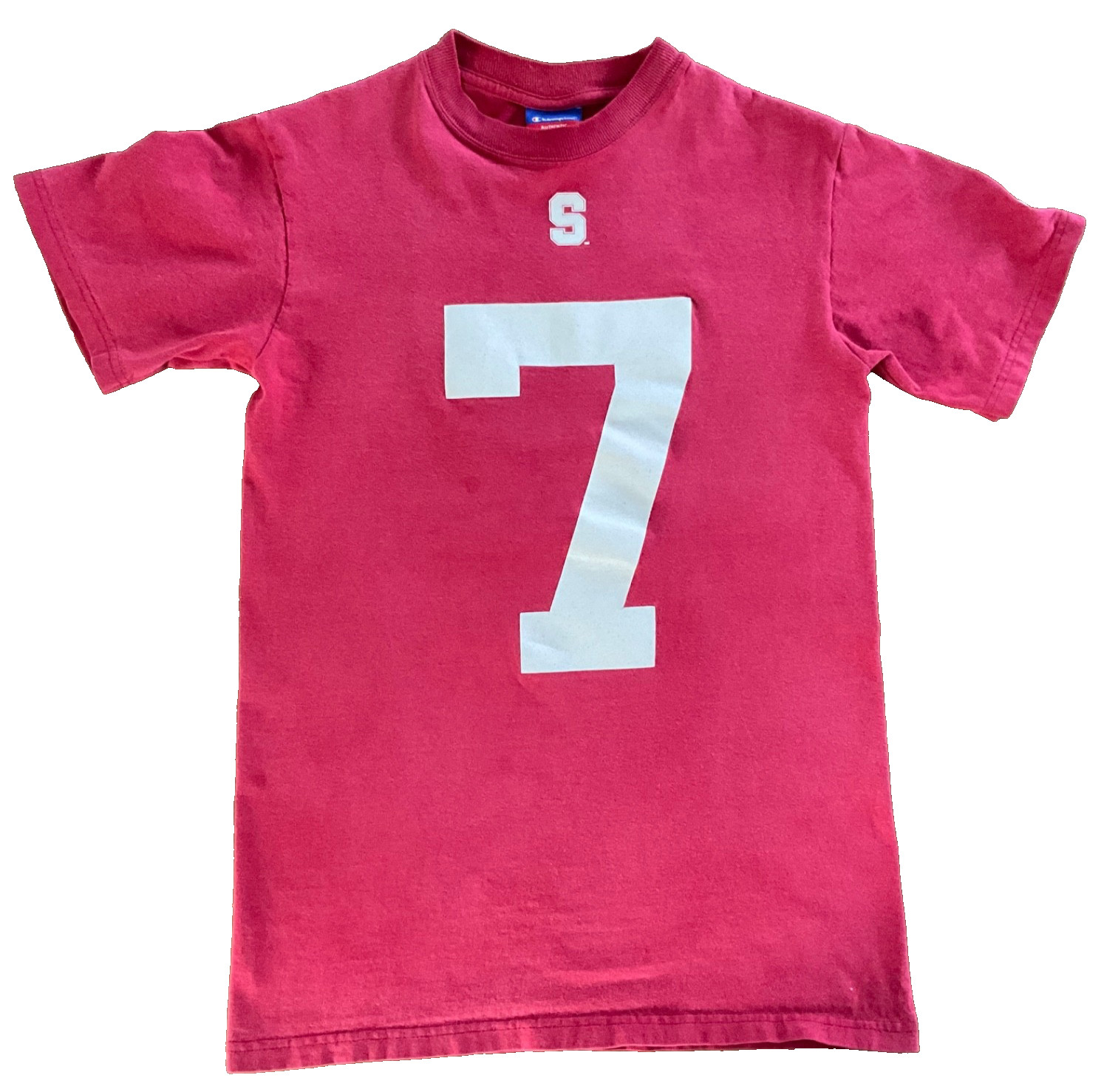 Vintage 2009 Champion T-Shirt Men’s Small Red #7 Jersey Style “S” Logo Athletic
