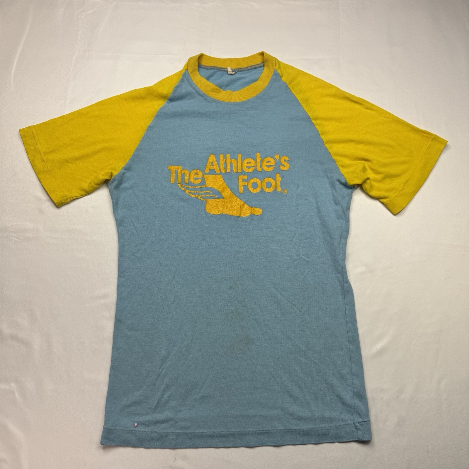 Vintage 70s Athlete’s Foot T-Shirt Medium Single Stitch Blue Yellow Stained