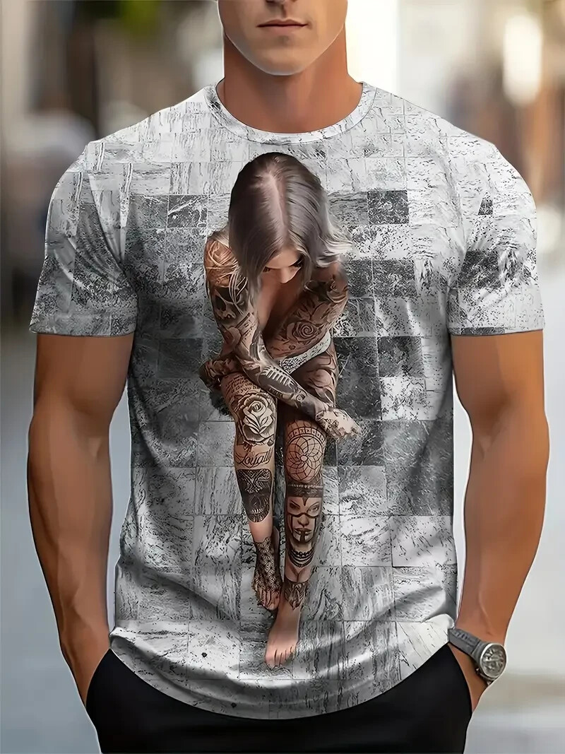 Men’S 3D Digital Female Figure Pattern & Plaid Print Crew Neck And Short Sleeve