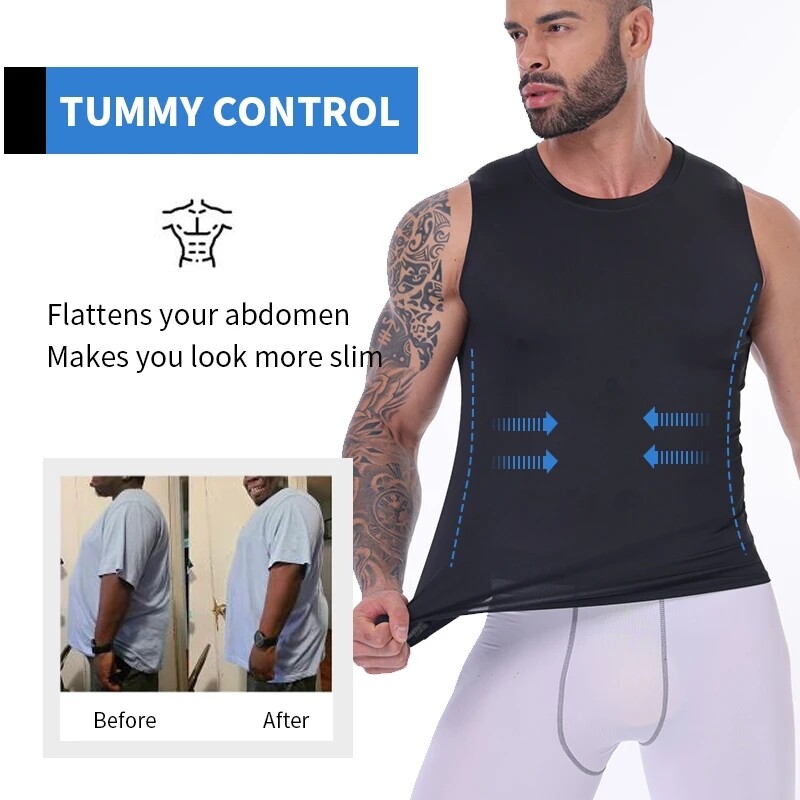 Mens Slimming Tummy Body Shaper Vest Compression T-Shirt Fitness Muscle Tank Top
