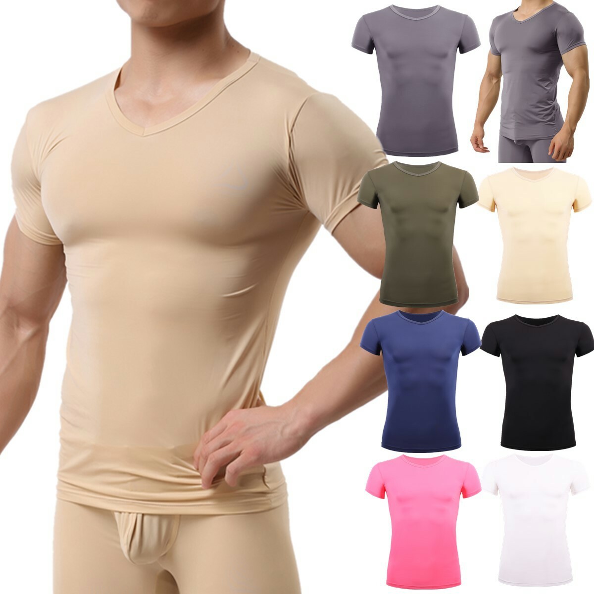 Mens Sport Gym T-Shirt Sexy Muscle Tops Fitness Short Sleeve Tee V-Neck Tights
