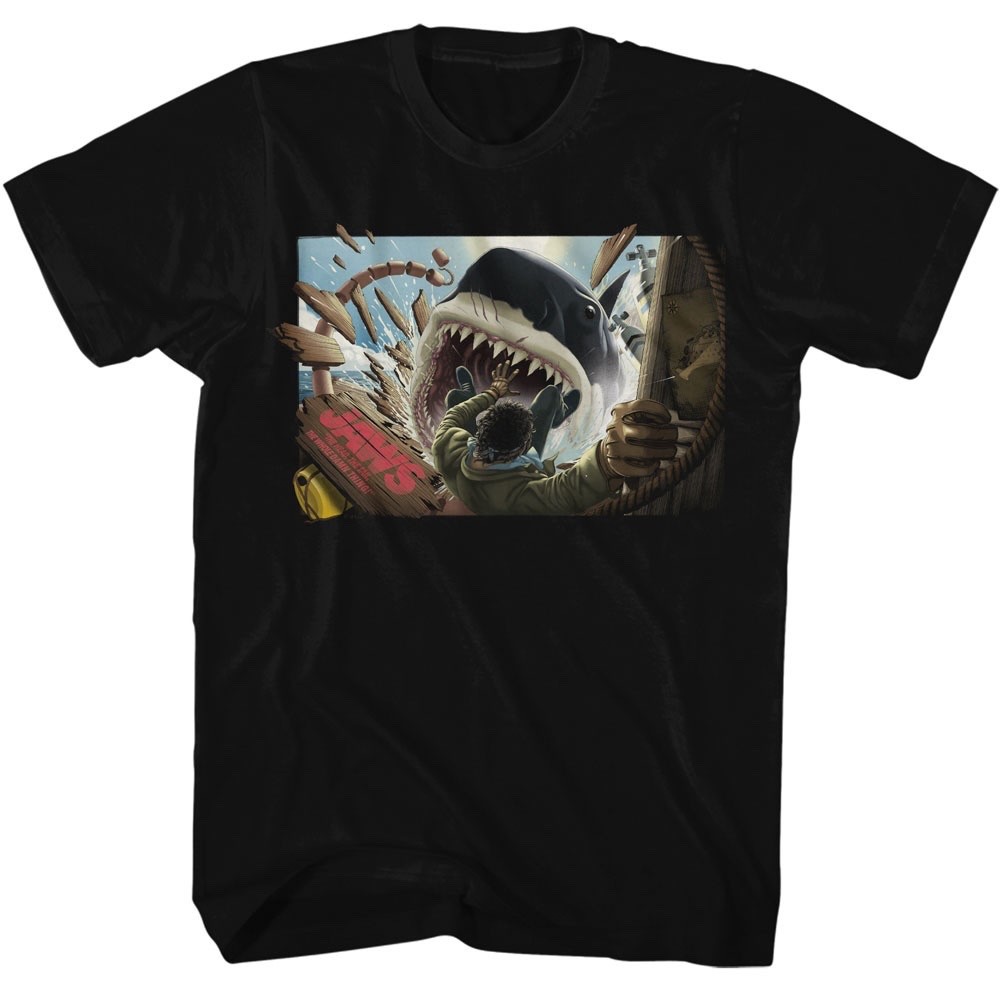 JAWS Movie T-Shirt AMITY ISLAND MAN FALLING IN SHARK New Official Black Cotton
