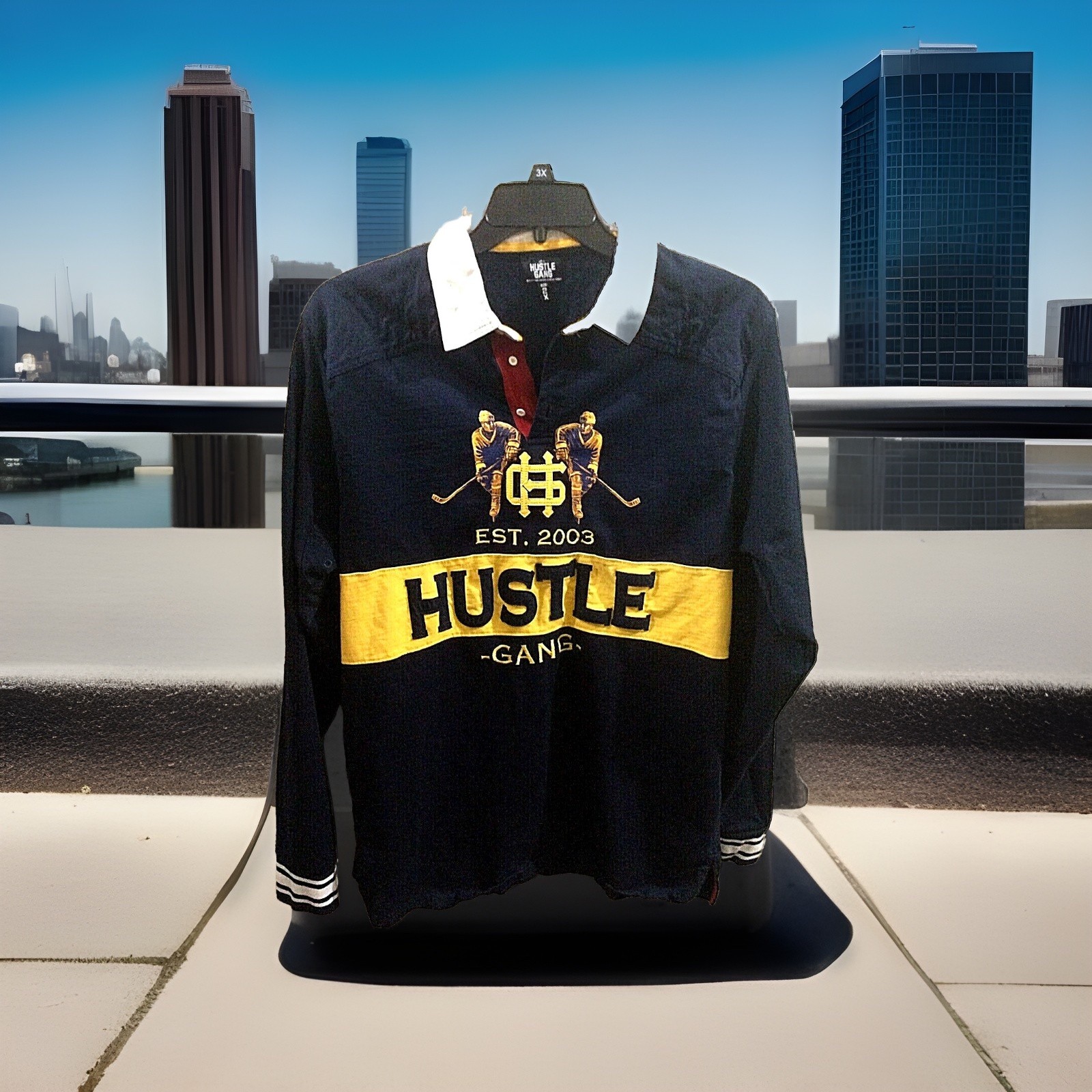 Hustle Gang 2003 Sleeves Rugby Shirt Hockey Player lor Block Spell Out Size 2XL