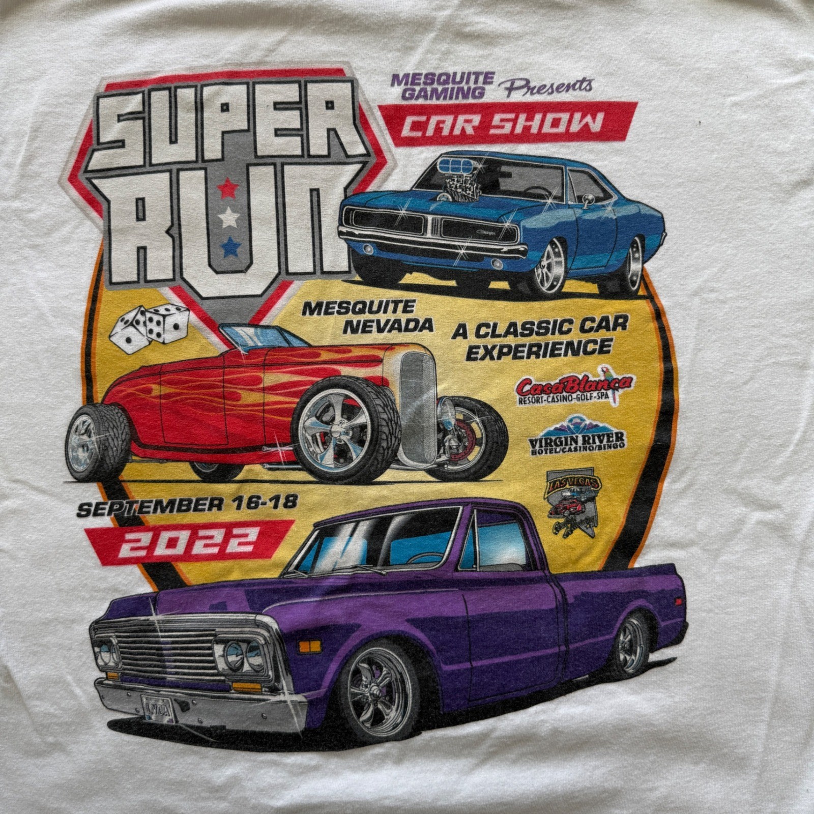 Gildan Mens Super Run 2022 Car Show Mesquite Nevada Graphic T-Shirt White Large