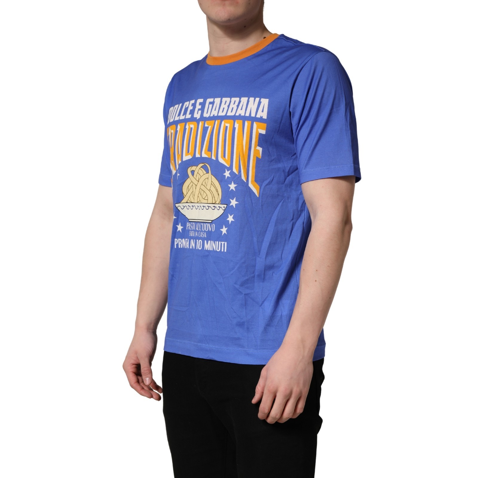 DOLCE & GABBANA T-shirt Blue Pasta Graphic Print Cotton Men Crewneck IT48/US38/M