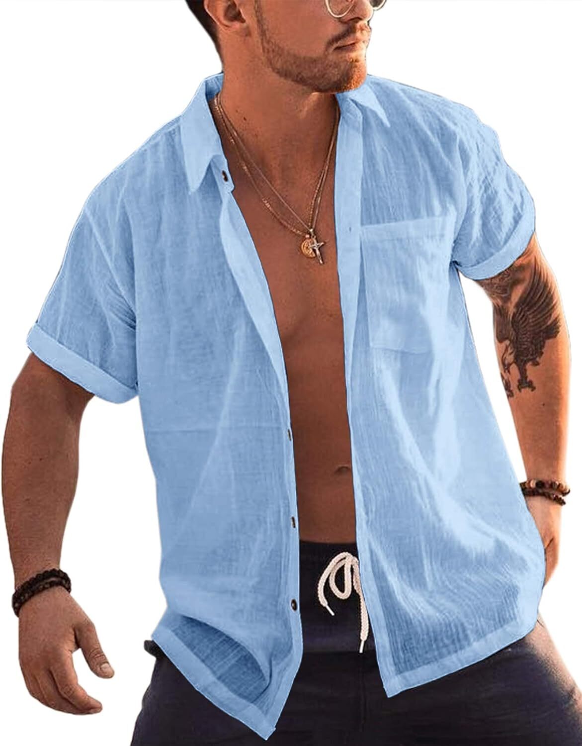 Men’s Short Sleeve Button-Up Linen Cotton Beach Shirt – Spread Collar Tops