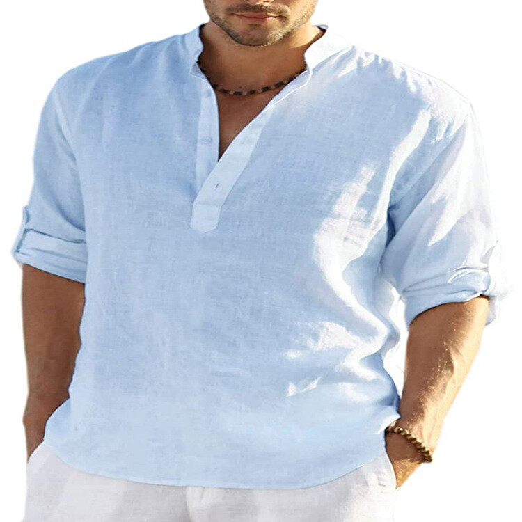 Mens Cotton Linen Long Sleeve Shirt Solid Loose Blouse Button Down Tops T Shirt