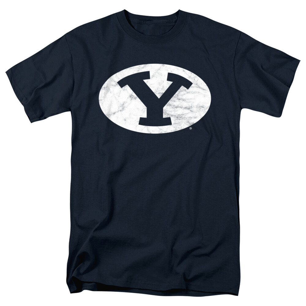 Brigham Young University Adult T-Shirt Distressed Primary Logo, Navy, S-5XL