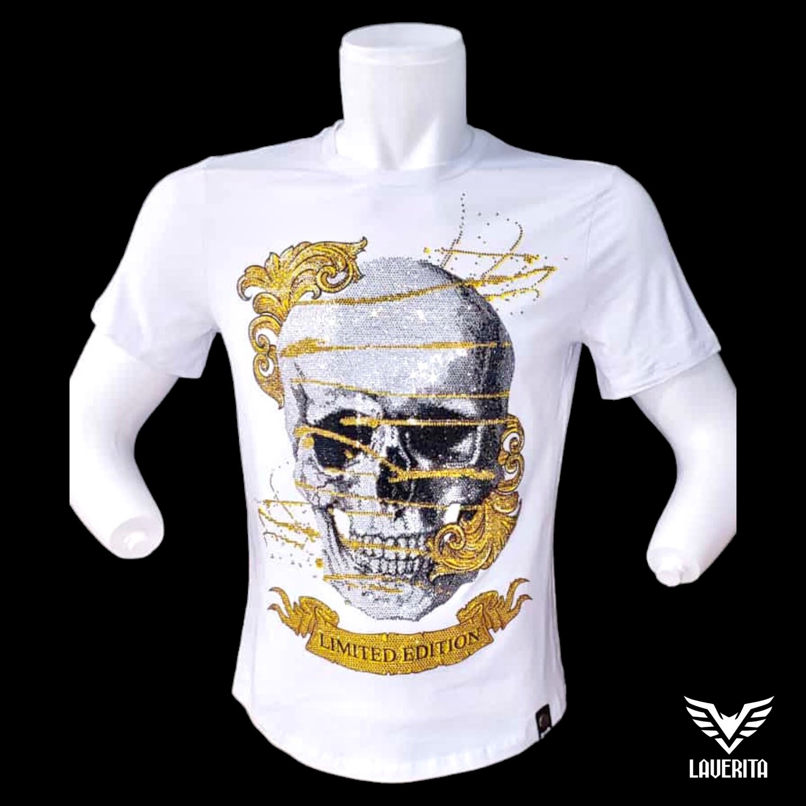 4 New Mens Large Size White Rhinestone T-Shirts + 1 Free Mystery T-shirt