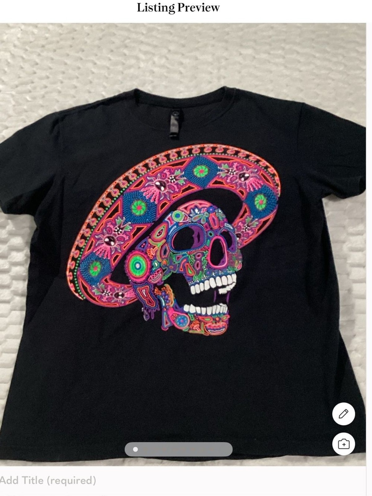 Source Unknown Black Short Sleeve Tee with Neon Sugar Skull Sombrero new wot